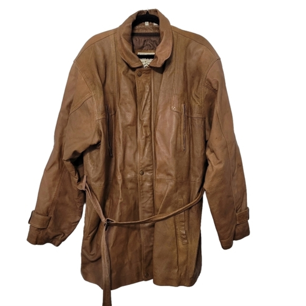 Wilda Men's Genuine‎ Leather Coat Size L Caramel Brown Mid Length Vintage *Read*